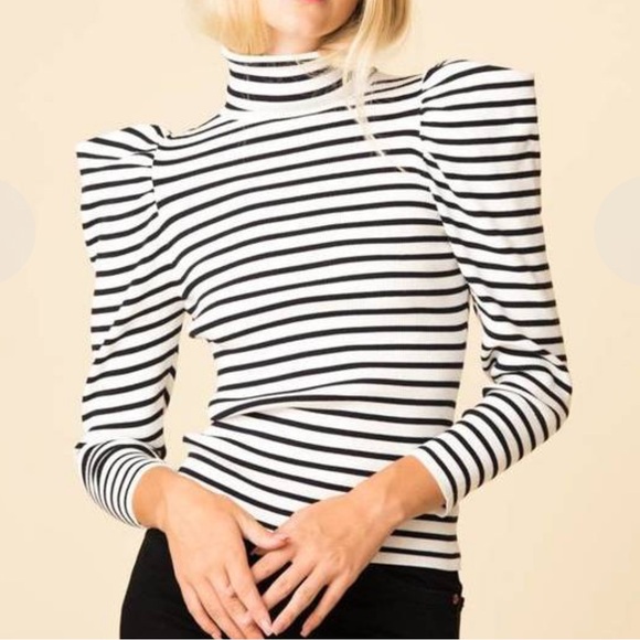 A.L.C. Sweaters - A.L.C. Baker Puffed Shoulders Black and White Striped Turtleneck Sweater